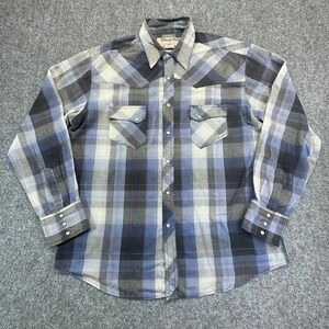 Wrangler Wrancher Men's Plaid Western Snap Shirt Blue Grey Pearl Snaps L